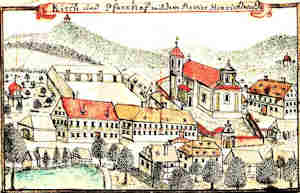 Kirch und Pfarrhof mit dem Revier Henrichswalde - Kościół i plebania, widok ogólny z okolicą